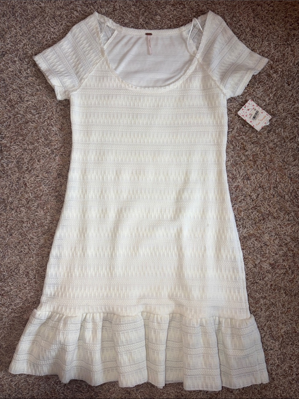 Free People Cream Knit Short-Sleeve Ruffle-Hem Dress
